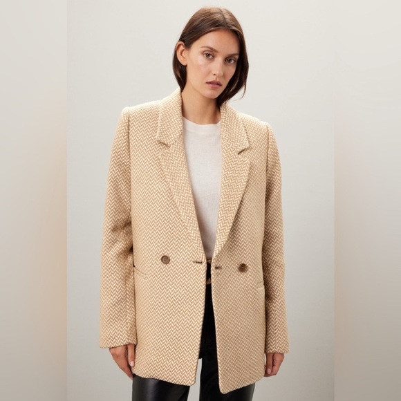 Anine Bing | Fishbone Double Breasted Tan & Cream Blazer Jacket Wool Blend XL - Picture 1 of 11